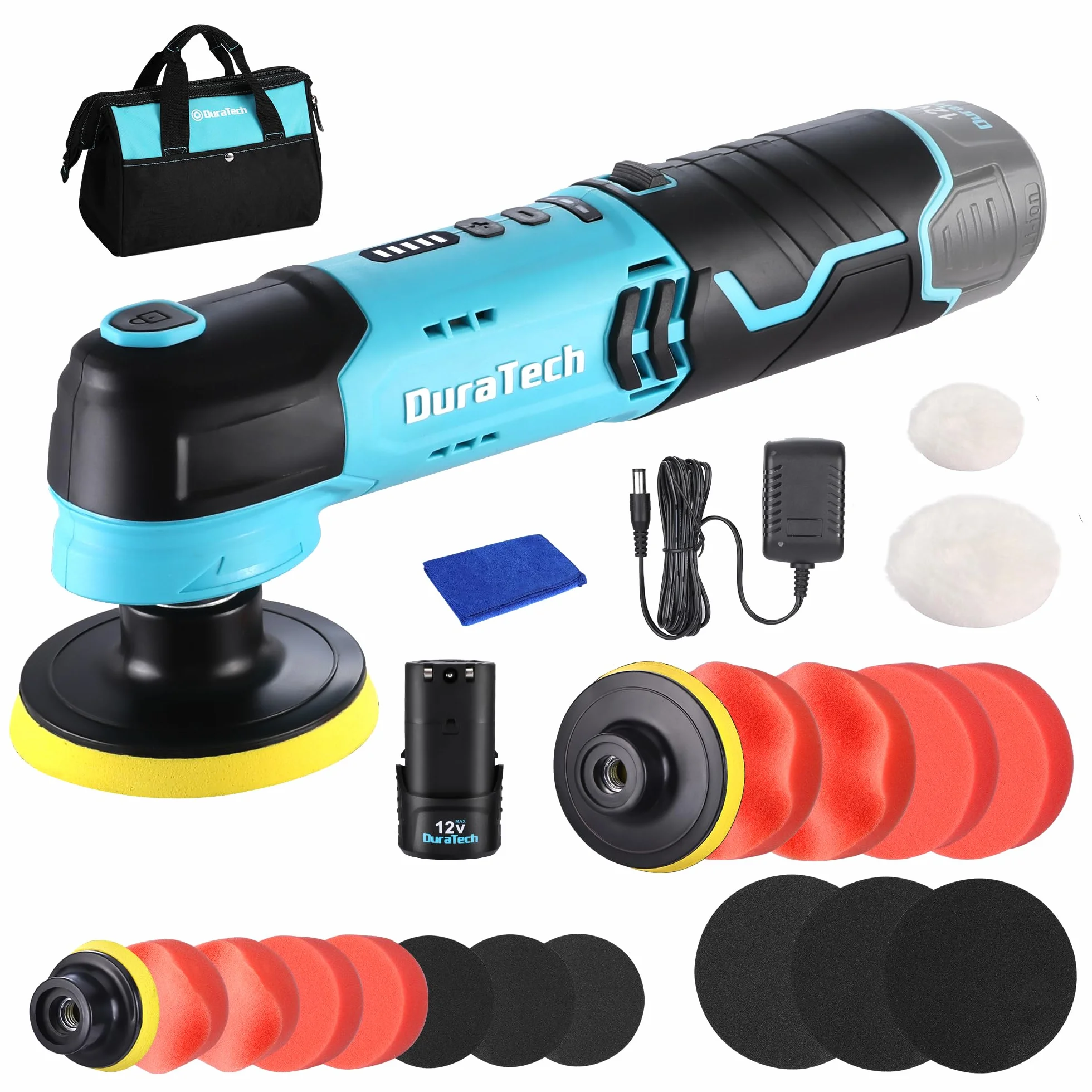 DURATECH Akumulatorowa Polerka 12V, Mini Polerka Samochodowa 3000 RPM z Akumulatorem 2,0 Ah, Polerka Akumulatorowa 50 mm + 80 mm Tarcza Polerska z Akcesoriami i Torbą do Przechowywania do Samochodu