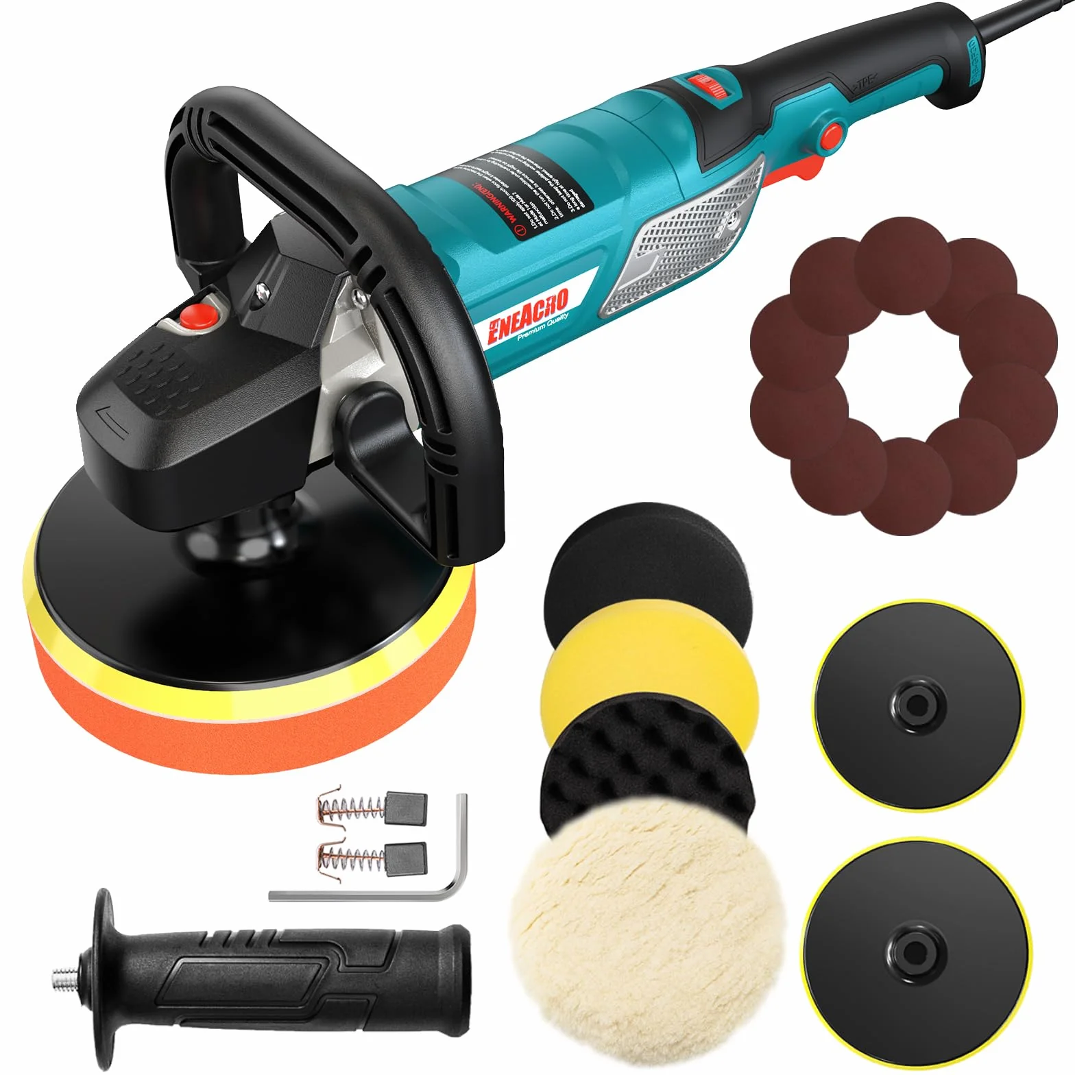 ENEACRO Maszyna do polerowania, polerka 1500 W, 6 zmiennych prędkości z talerzem polerskim 150/180 mm, uchwyt D i uchwyt boczny, z gąbką polerską/papierem ściernym 150 mm, do polerowania samochodu