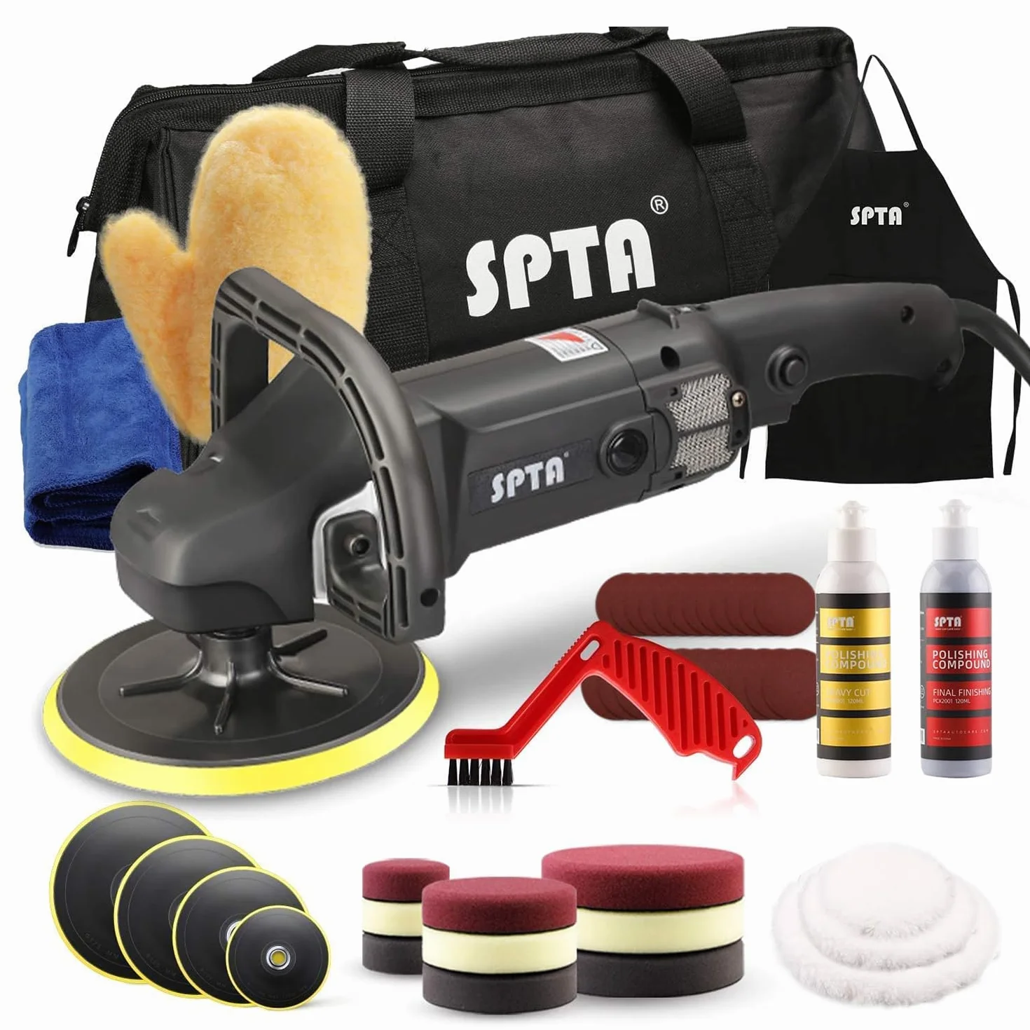 SPTA Maszyna do polerowania, 125 mm/150 mm/180 mm, polerka ze zmienną prędkością, profesjonalny zestaw szlifierek 1200 W + gąbka do polerowania, zestaw akcesoriów, talerz polerski, tarcza wełniana, do