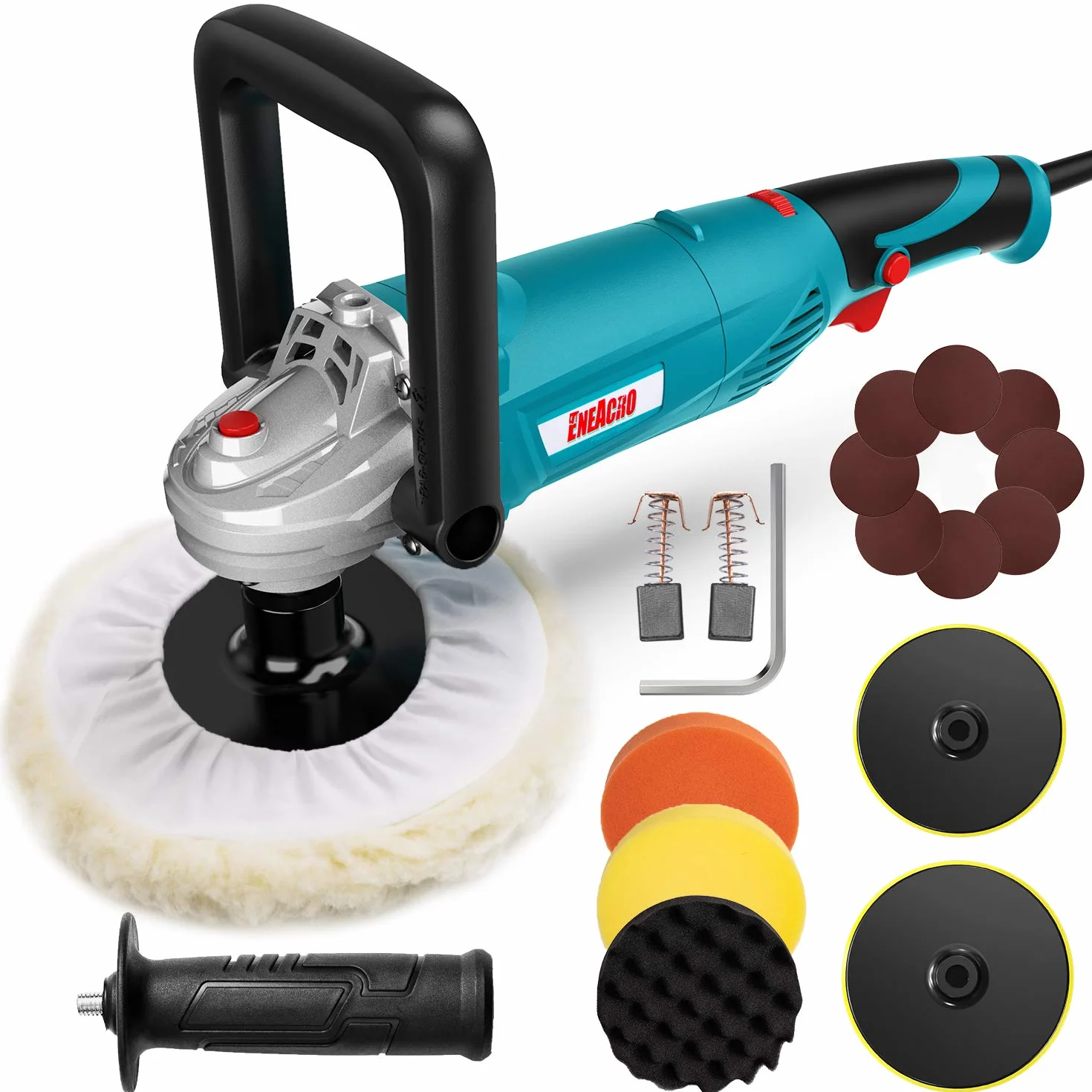 ENEACRO 1200W polerka 6 zmienna prędkość 1000-3500 obr./min z podkładką polerską 150/180 mm, zdejmowanym uchwytem D i uchwytem bocznym do polerowania samochodu, mebli