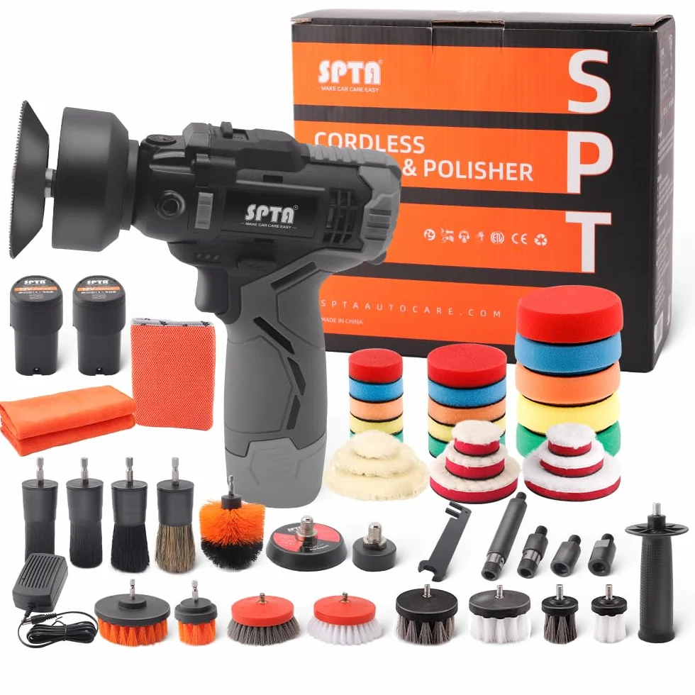 SPTA Maszyna do Polerowania, 12V 2000mAh Akumulatorowa Maszyna do Woskowania, 2 Wymienne Akumulatory, Mini polerka Samochodowa, Zestaw do Polerowania Samochodu z Gąbka Polerska i Wełniany Pad Polerski