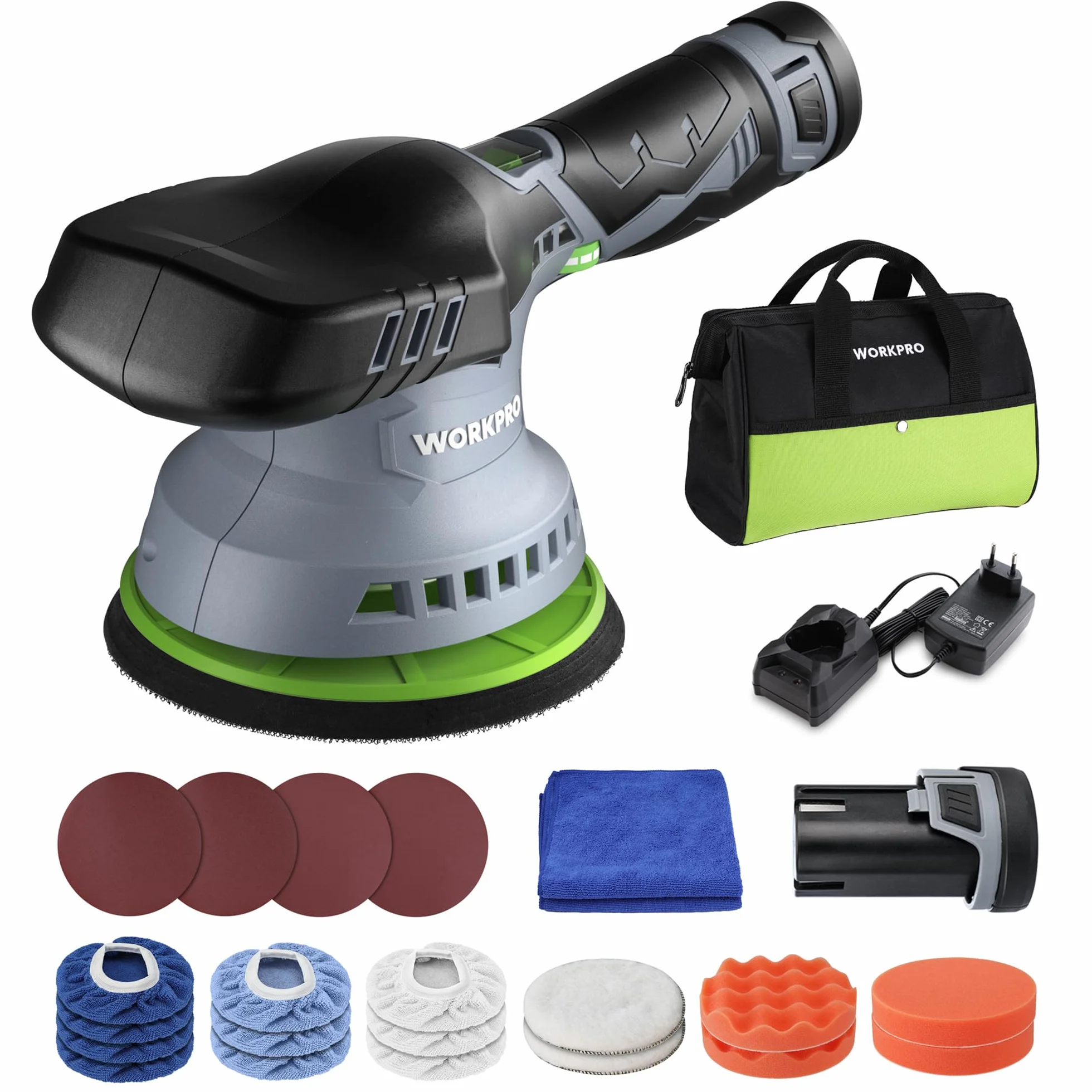 WORKPRO Mimośrodowa maszyna do polerowania 12 V, akumulatorowa, 2800-5500 obr./min, mimośrodowa polerka, bezprzewodowa, 150 mm, z 2 akumulatorami 2,0 Ah i 1 torbą i 23 akcesoriami, zestaw do