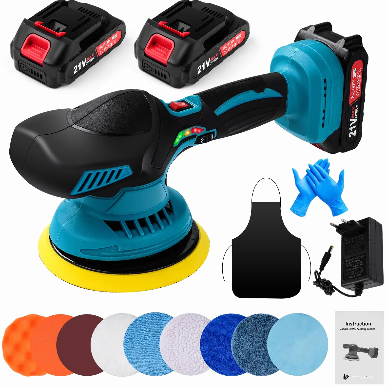 Bezprzewodowa polerka samochodowa, polerka orbitalna, 15 cm, 2 baterie 21 V, 1500 mAh, 13 końcówek, 6 zmiennych prędkości 5500 obr./min